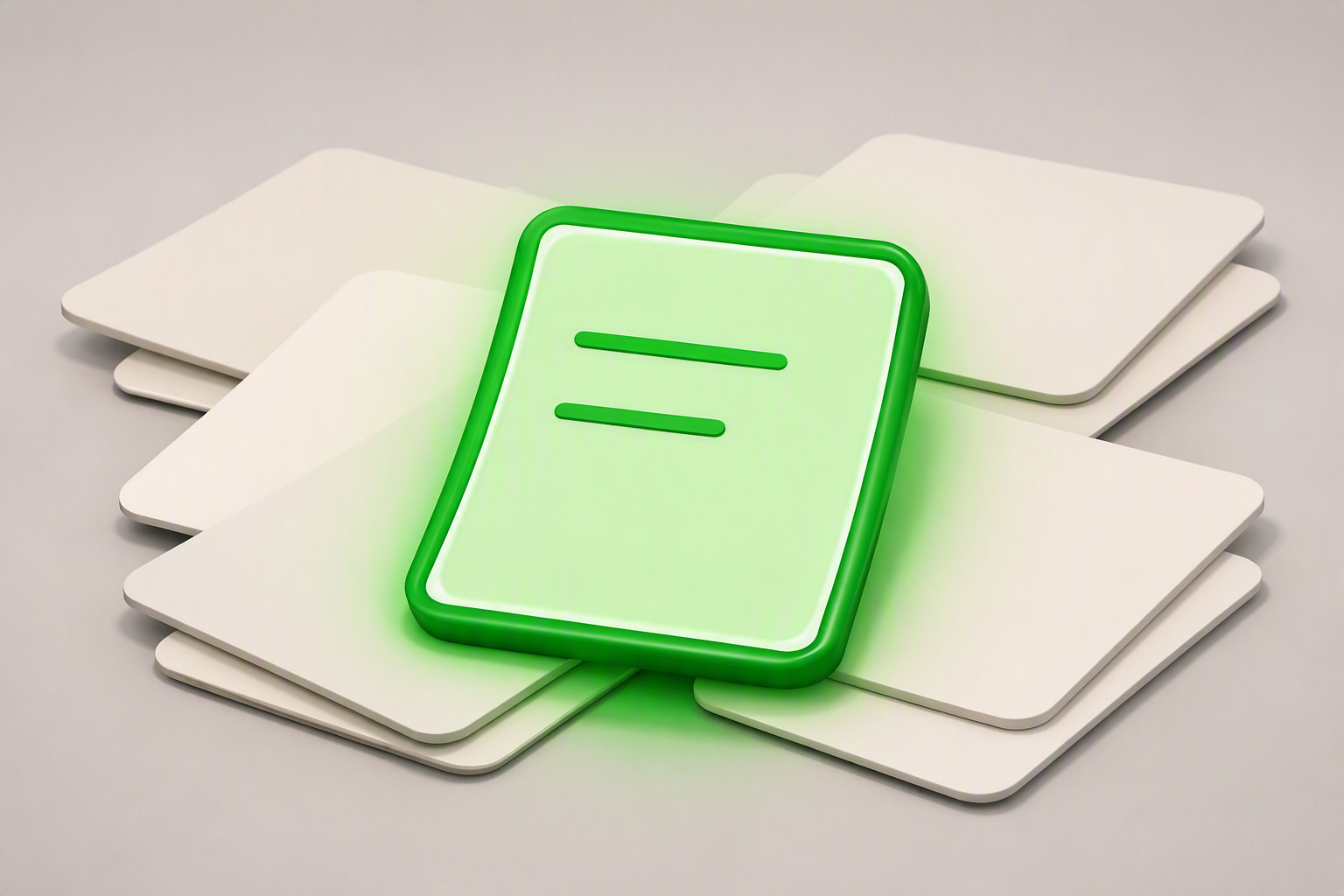 Some sheets of paper with one green one standing out, fresh;y generated